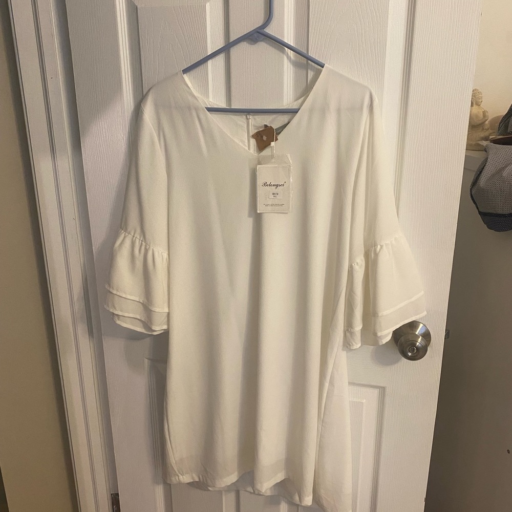 Belongsci Women's Dress Sweet & Cute V-Neck Bell Sleeve Shift Mini Dress